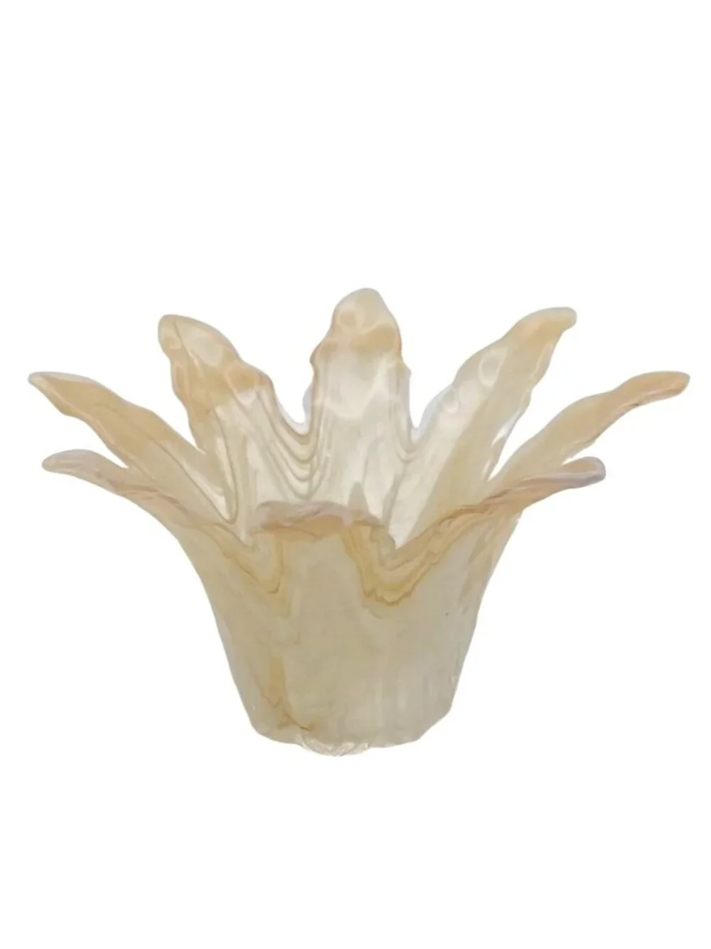 Palm Leaf Glass Candle Holder Vase Translucent Yellow Cream Swirl Vintage Art